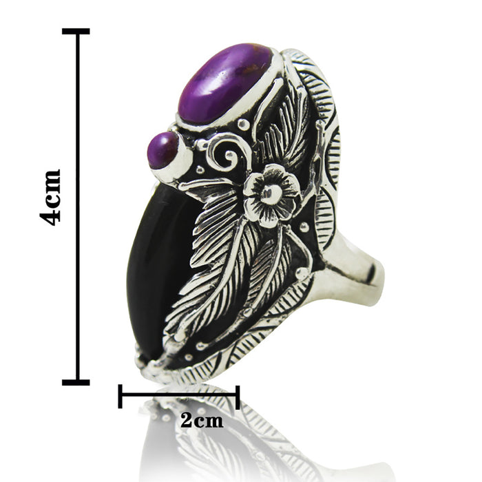 Real Solid 925 Sterling Silver Charm Rings Charoite Black Agate Fashion Jewelry Open Size 8-10