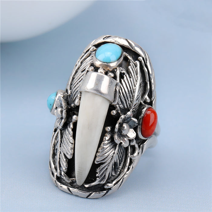Real Solid 925 Sterling Silver Rings Turquoise Agate Flowers Fashion Punk Jewelry Open Size 8-11