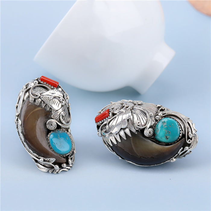 Real Solid 925 Sterling Silver Rings Turquoise Agate Flowers Fashion Punk Jewelry Open Size 8-11
