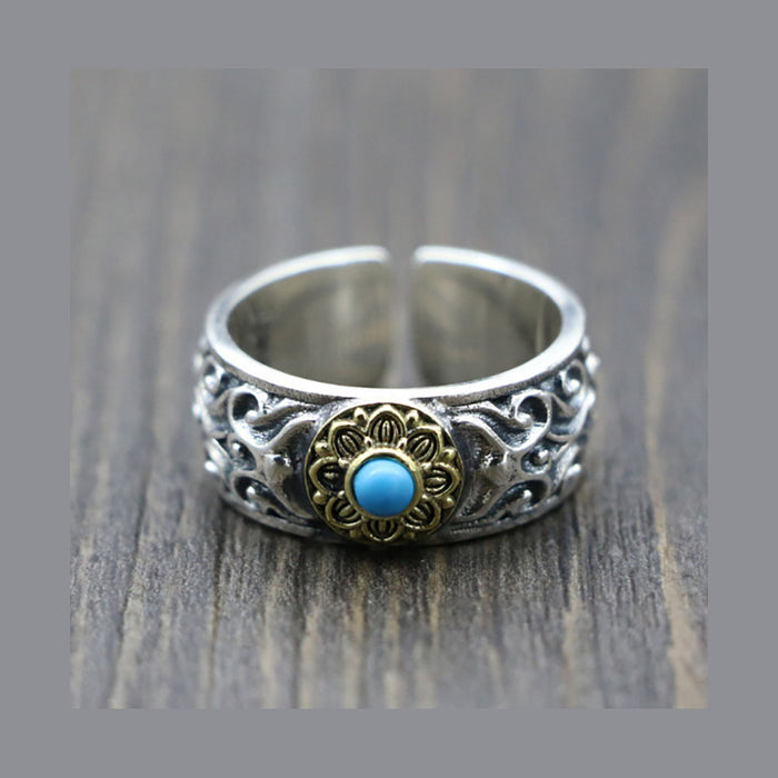 Real Solid 925 Sterling Silver Ring Blue Turquoise Inlay Retro Punk Jewelry Open Size 7-10