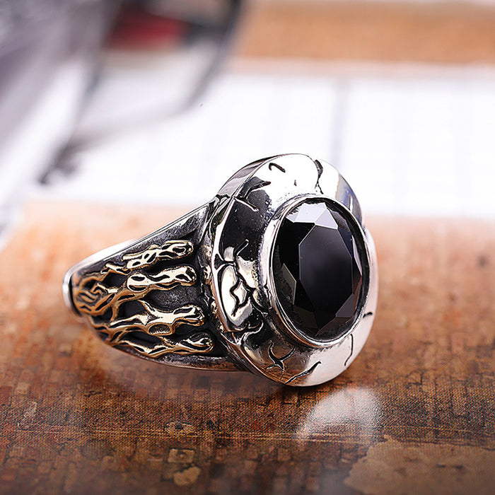 Real Solid 925 Sterling Silver Ring Black Agate Retro Punk Jewelry Adjustable Size 8-10