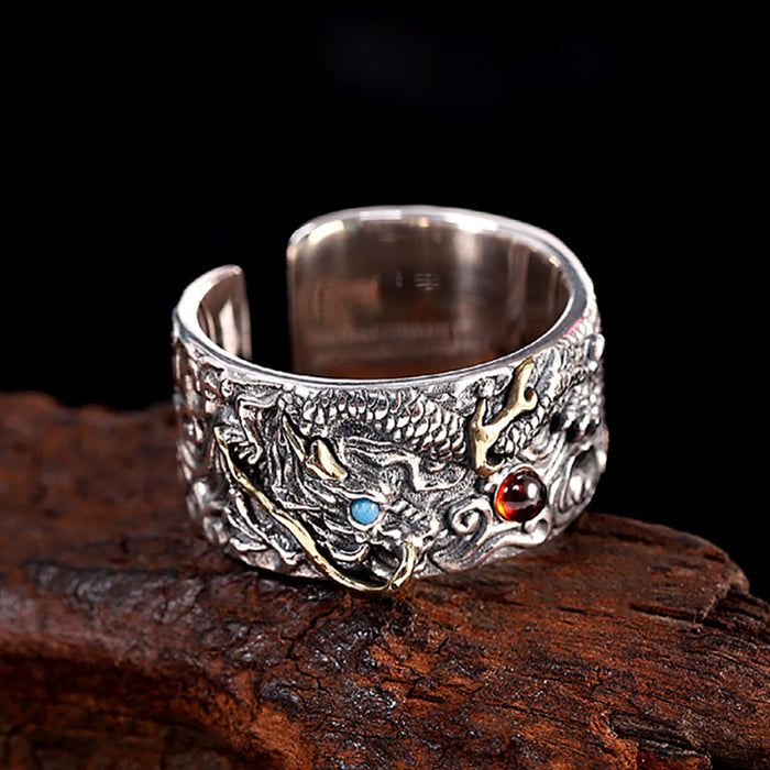 Real Solid 925 Sterling Silver Ring Garnet Turquoise Inlay Dragon Carved Punk Jewelry Open Size 8-10