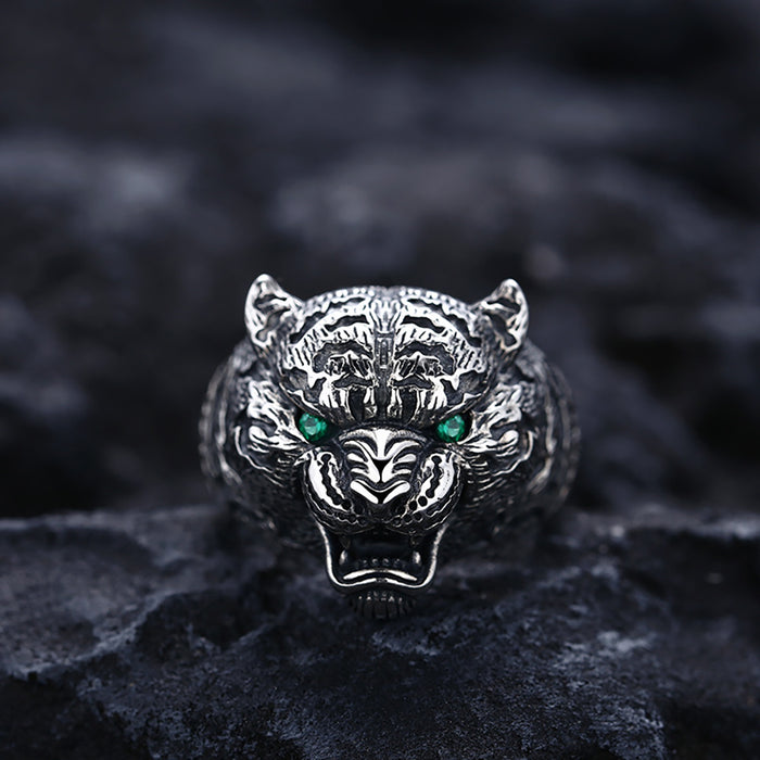 Real Solid 925 Sterling Silver Ring CZ Inlay Leopard Head Gothic Punk Jewelry Open Size 9-11
