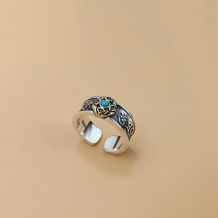 Real Solid 925 Sterling Silver Ring Turquoise Inlay Cross Om Mani Padme Hum Open Size 8-10