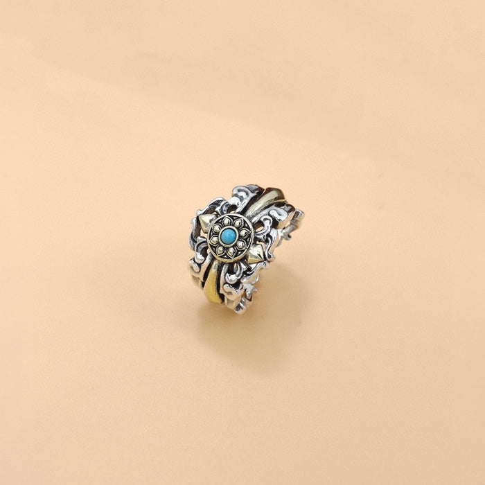 Real Solid 925 Sterling Silver Ring Turquoise Sunflower Cross Punk Jewelry Open Size 9-11
