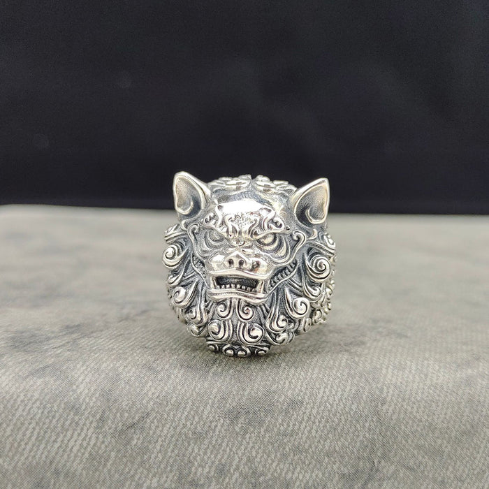 Real Solid 925 Sterling Silver Ring Lion Dancing Gothic Punk Jewelry Adjustable Size 8-11