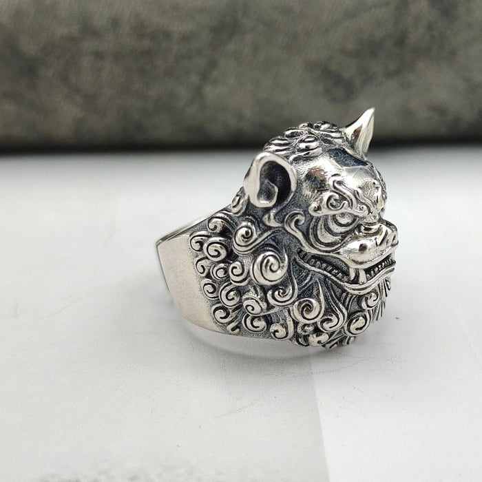 Real Solid 925 Sterling Silver Ring Lion Dancing Gothic Punk Jewelry Adjustable Size 8-11