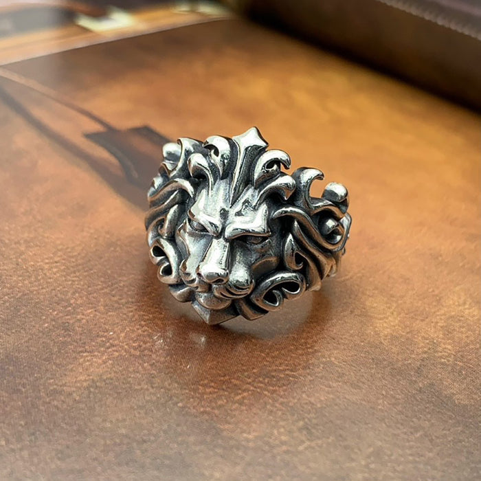 Real Solid 925 Sterling Silver Ring Male Lion Head Leone Gothic Punk Jewelry Open Size 9-12