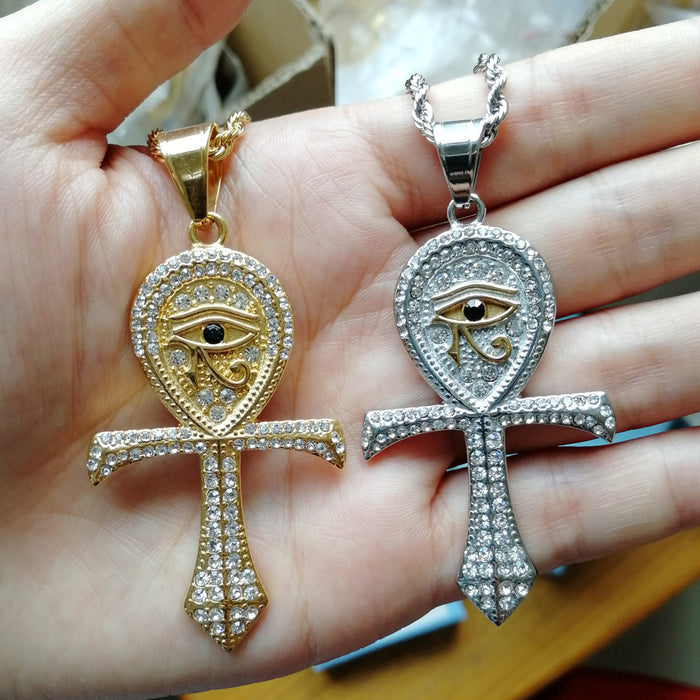 Egyptian Ankh Key Necklace Pendant Horus Eye Cross Cubic Zirconia Fashion Hiphop Jewelry