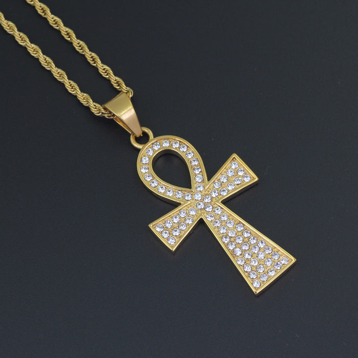 Egyptian Ankh Key Necklace Pendant Symbol of Life Cross Cubic Zirconia Fashion Hiphop Jewelry