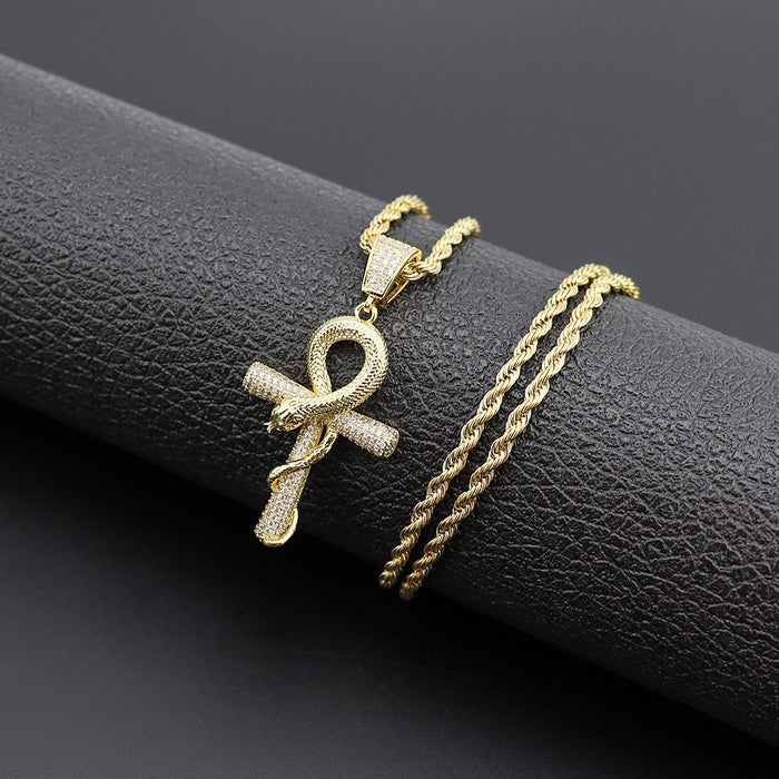 Egyptian Ankh Key Necklace Pendant Viper Snake Cross Cubic Zirconia Fashion Hiphop Jewelry