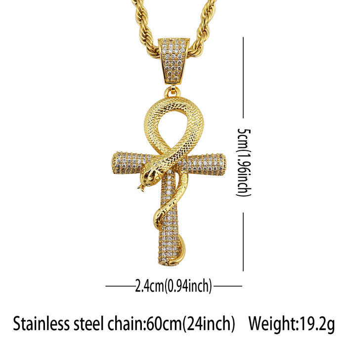 Egyptian Ankh Key Necklace Pendant Viper Snake Cross Cubic Zirconia Fashion Hiphop Jewelry