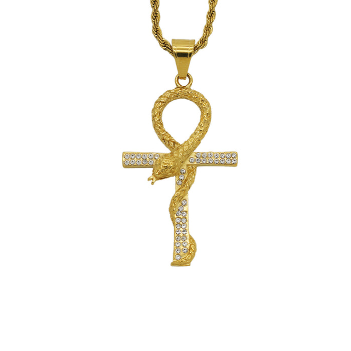 Egyptian Ankh Key Necklace Pendant Snake Cross Rhinestone Fashion Hiphop Jewelry
