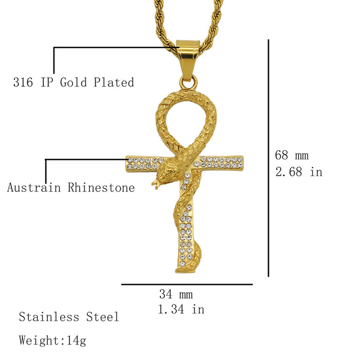 Egyptian Ankh Key Necklace Pendant Snake Cross Rhinestone Fashion Hiphop Jewelry