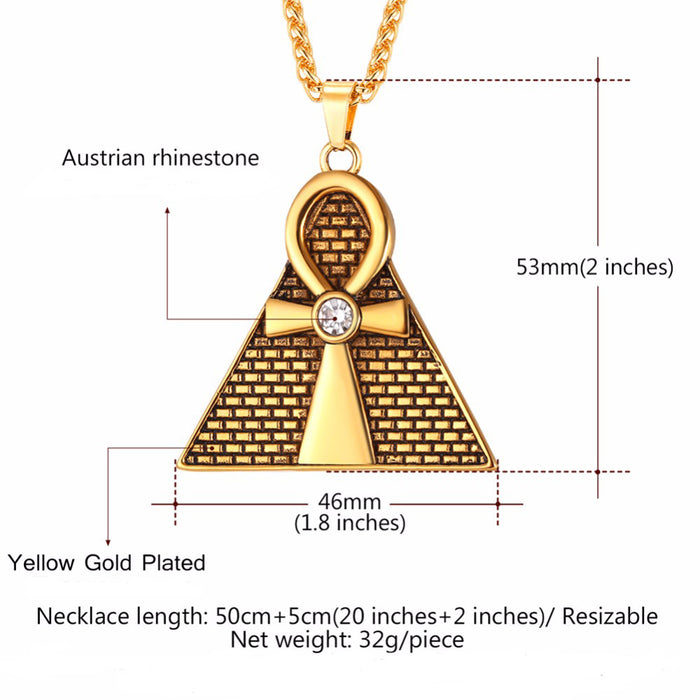 Egyptian Ankh Key Necklace Pendant Pyramid Triangle Rhinestone Cross Fashion Hiphop Jewelry