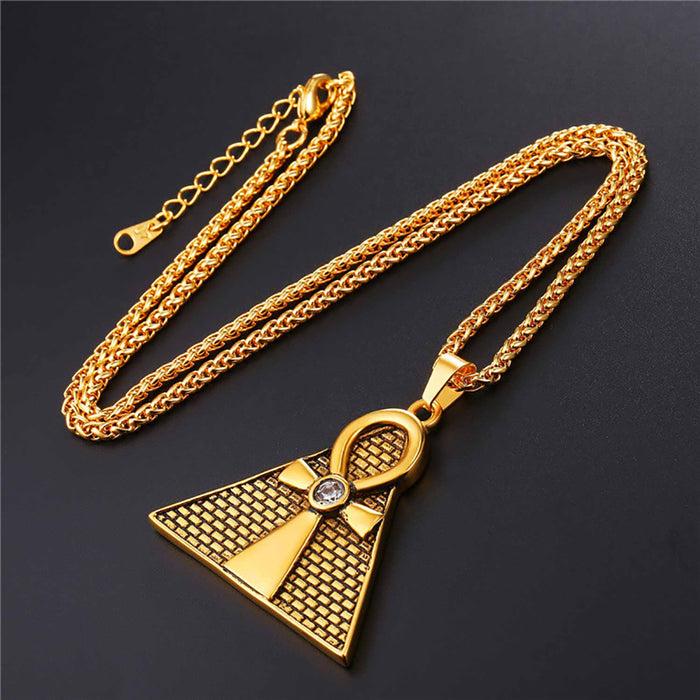 Egyptian Ankh Key Necklace Pendant Pyramid Triangle Rhinestone Cross Fashion Hiphop Jewelry