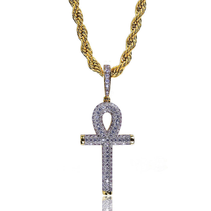 Egyptian Ankh Key Necklace Pendant AAA Cubic Zirconia Cross Fashion Hiphop Jewelry