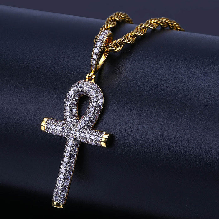 Egyptian Ankh Key Necklace Pendant AAA Cubic Zirconia Cross Fashion Hiphop Jewelry