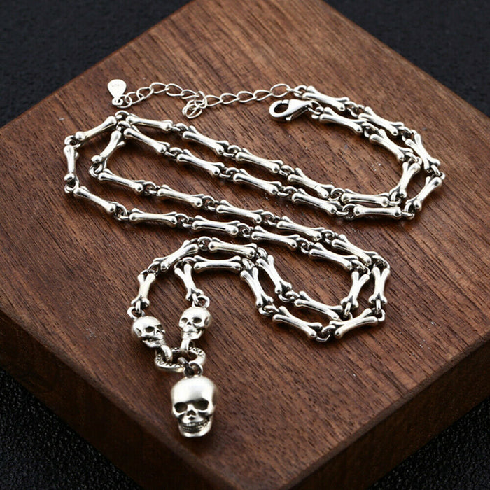 Real Solid 925 Sterling Silver Necklace Pendant Skull Bone Link Fashion Jewelry