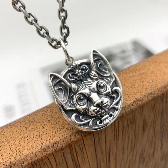 Real Solid 925 Sterling Silver Necklace Pendant Jewelry Persian Cat Amulet 22"