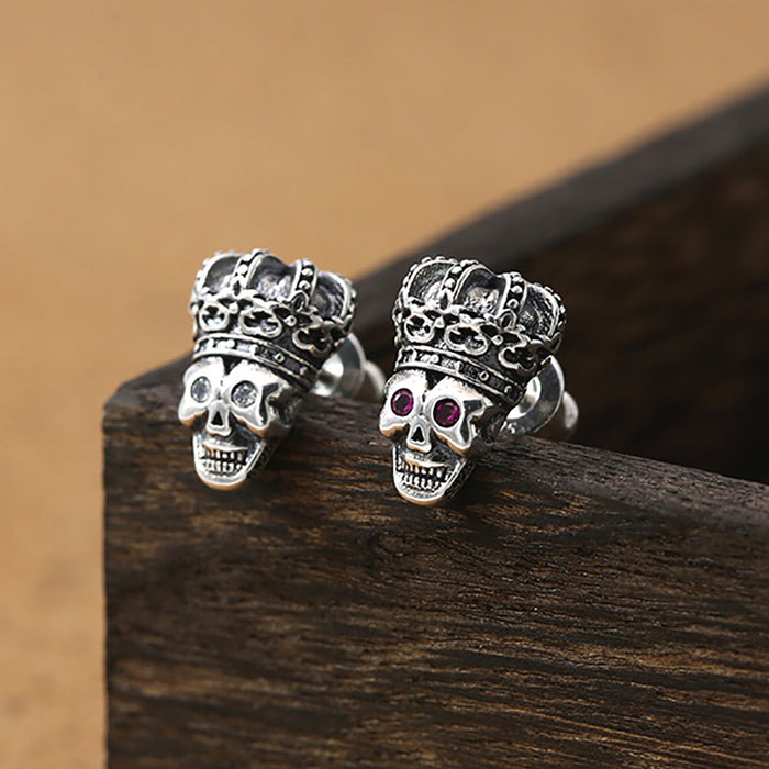 925 Sterling Silver Stud Earrings Skeletons & Skulls Crown Cubic Zirconia Punk Jewelry