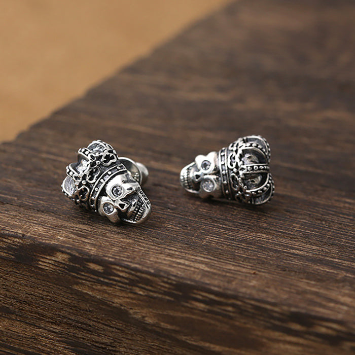 925 Sterling Silver Stud Earrings Skeletons & Skulls Crown Cubic Zirconia Punk Jewelry