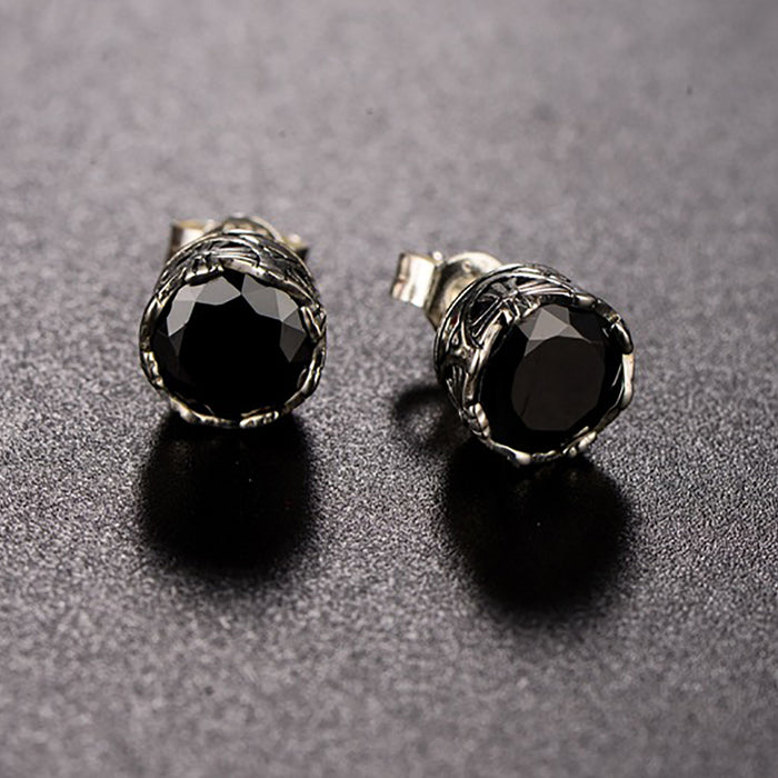 925 Sterling Silver Black Agate Stud Earrings Crusader Flower Cubic Zirconia Jewelry