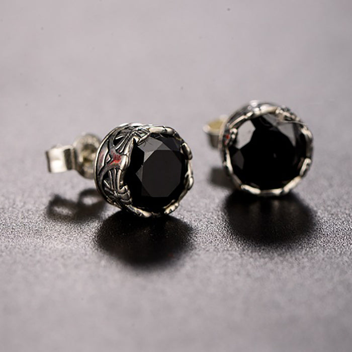 925 Sterling Silver Black Agate Stud Earrings Crusader Flower Cubic Zirconia Jewelry