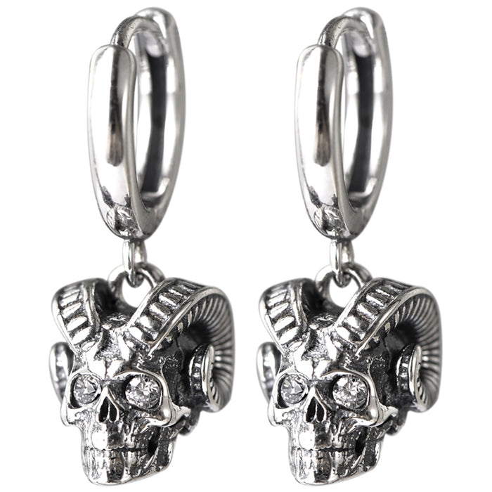 925 Sterling Silver Goat Horn Earrings Skeletons&Skulls Cubic Zirconia Punk HipHop Jewelry
