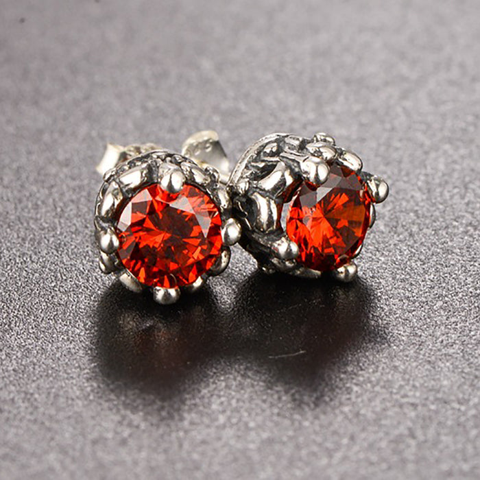 925 Sterling Silver Garnet Stud Earrings Cubic Zirconia Male and Female Fashion Jewelry