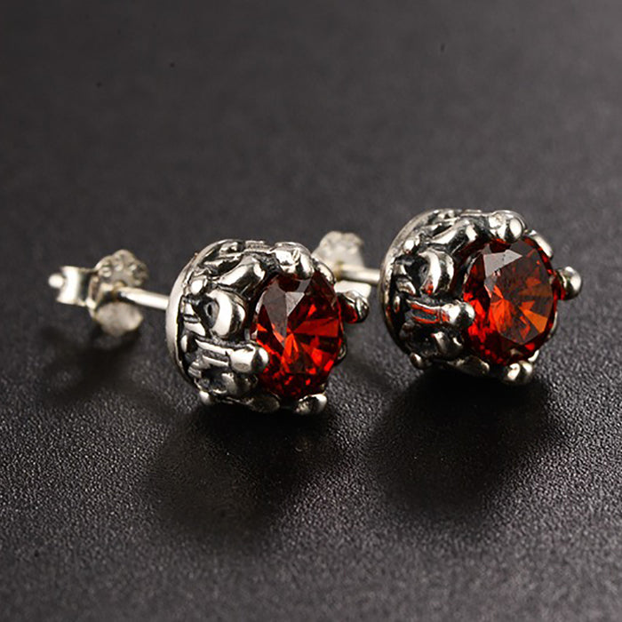 925 Sterling Silver Garnet Stud Earrings Cubic Zirconia Male and Female Fashion Jewelry
