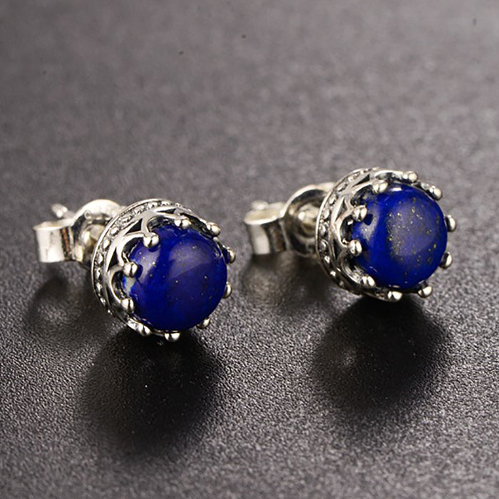 925 Sterling Silver Charm Lapis Lazuli Stud Earrings Crown Fashion Jewelry
