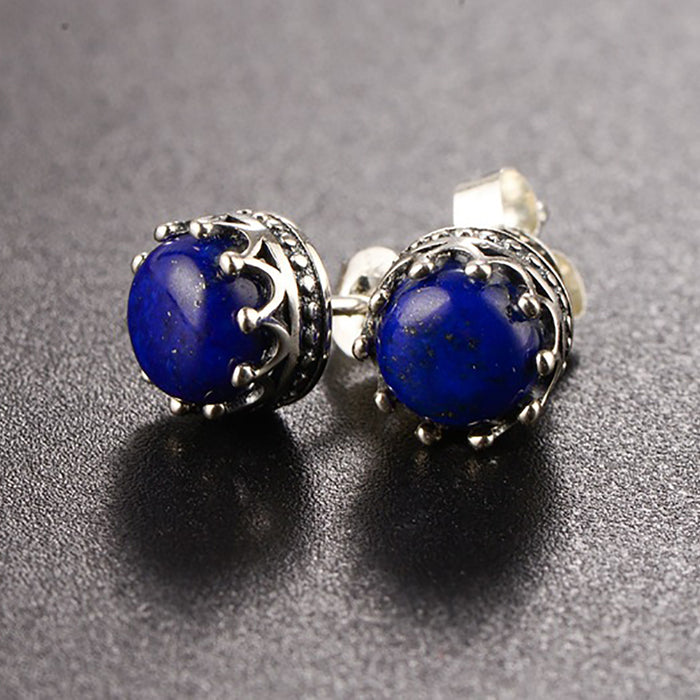 925 Sterling Silver Charm Lapis Lazuli Stud Earrings Crown Fashion Jewelry
