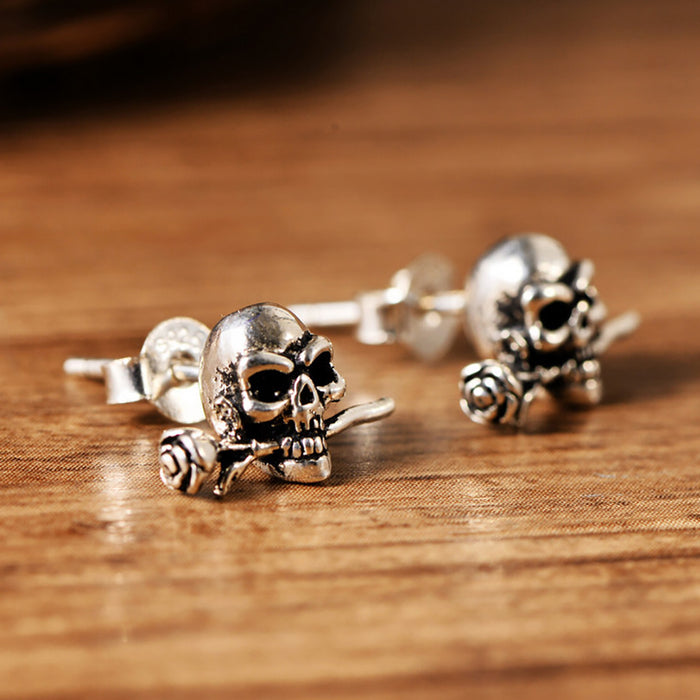 925 Sterling Silver Rose Love Flower Stud Earrings Skull Fashion Jewelry