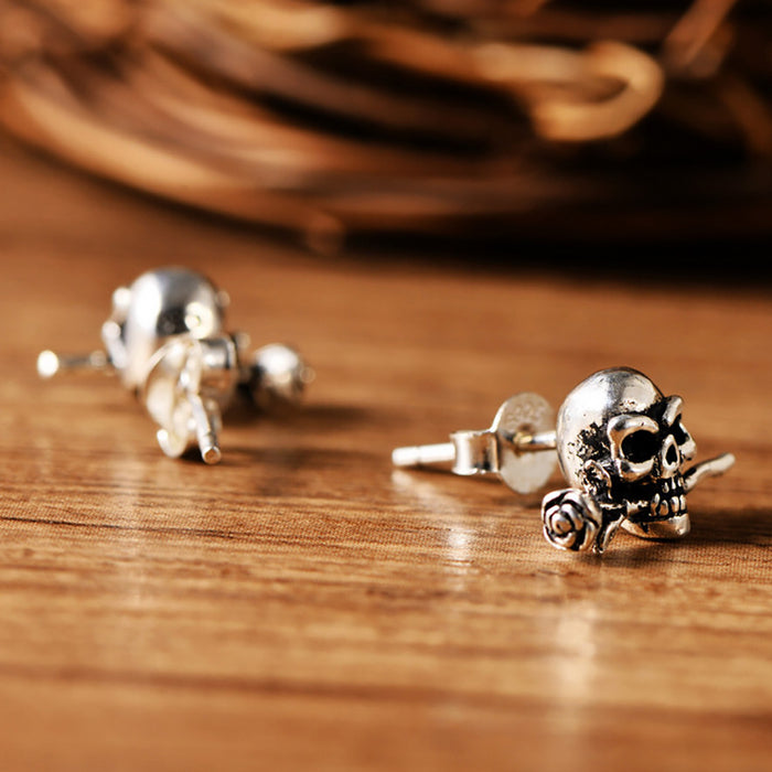 925 Sterling Silver Rose Love Flower Stud Earrings Skull Fashion Jewelry