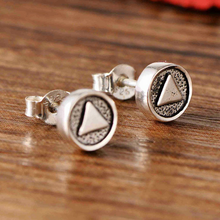 A Pair Real Solid 925 Sterling Silver Earrings Triangle Round Religion Totem