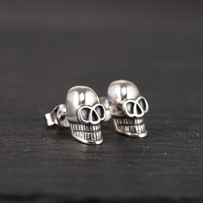 A Pair Real Solid 925 Sterling Silver Earrings Skull Totem Amulet Fashion