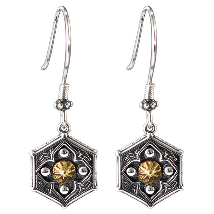 A Pair Real Solid 925 Sterling Silver Earrings Hexagon Lotus Totem Religion Hook