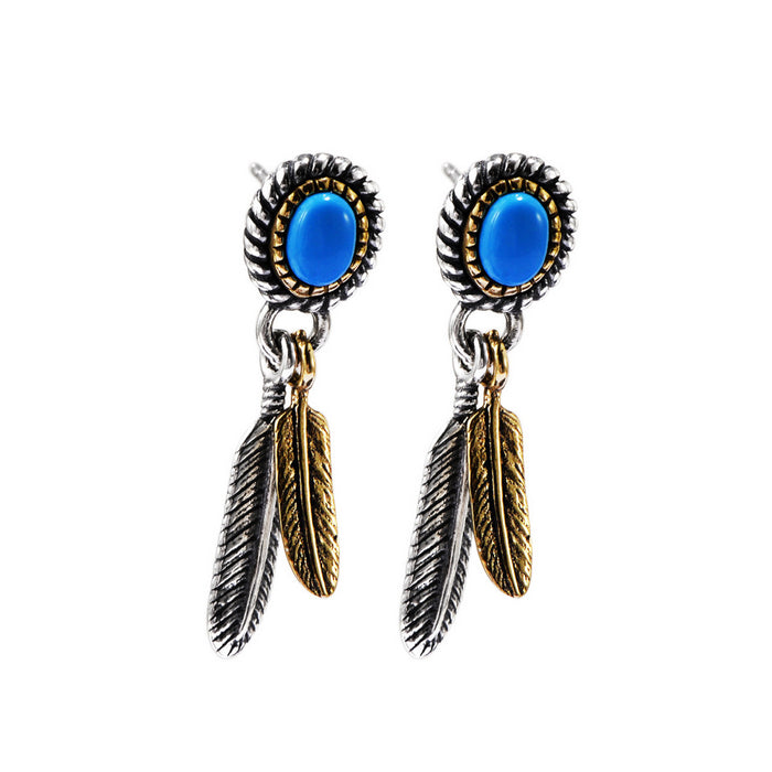 A Pair Real Solid 925 Sterling Silver Earrings Turquoise Feather Oval Jewelry