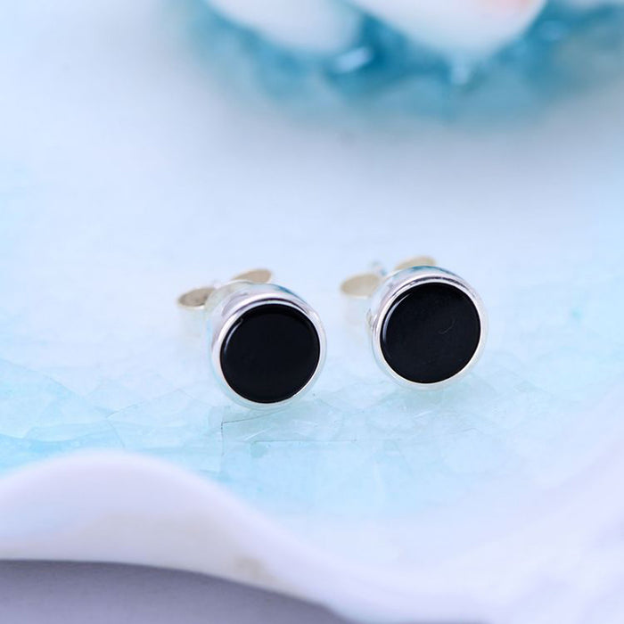 A Pair Real Solid 925 Sterling Silver Earrings Black Onyx Round Fashion Jewelry