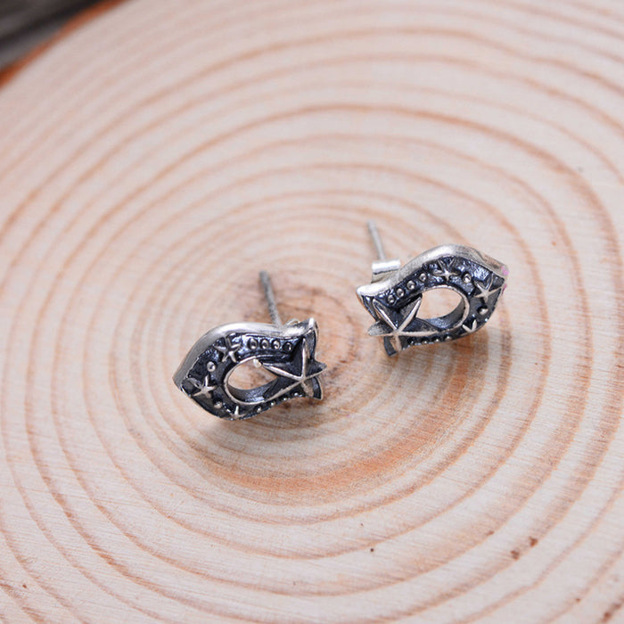 A Pair Real Solid 925 Sterling Silver Earrings Pentagram U-Shape Hollow Jewelry