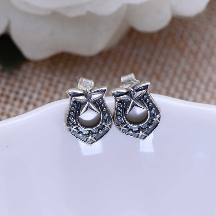 A Pair Real Solid 925 Sterling Silver Earrings Pentagram U-Shape Hollow Jewelry