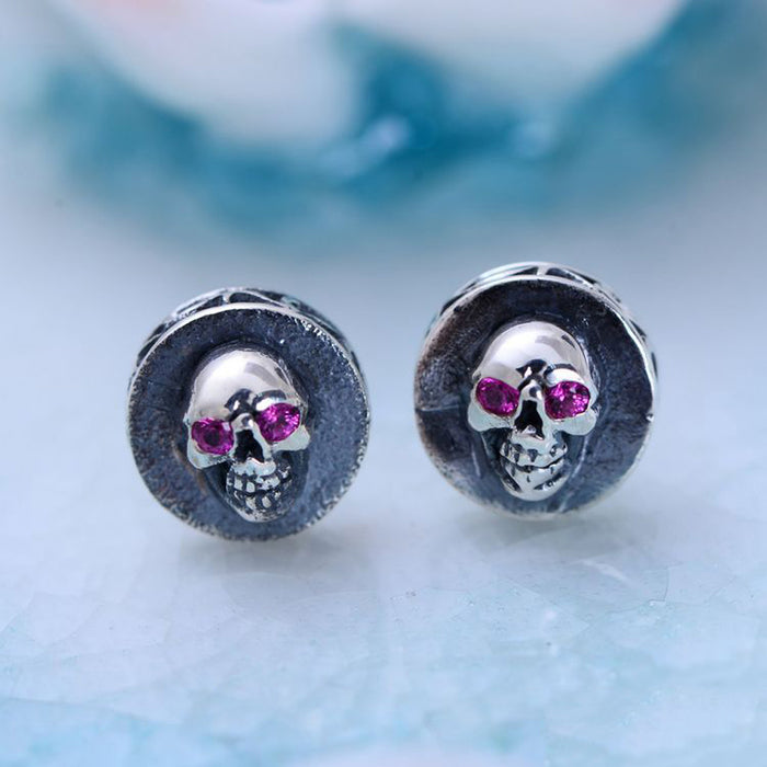 A Pair Real Solid 925 Sterling Silver Earrings Cubic Zirconia Inlay Skull Amulet