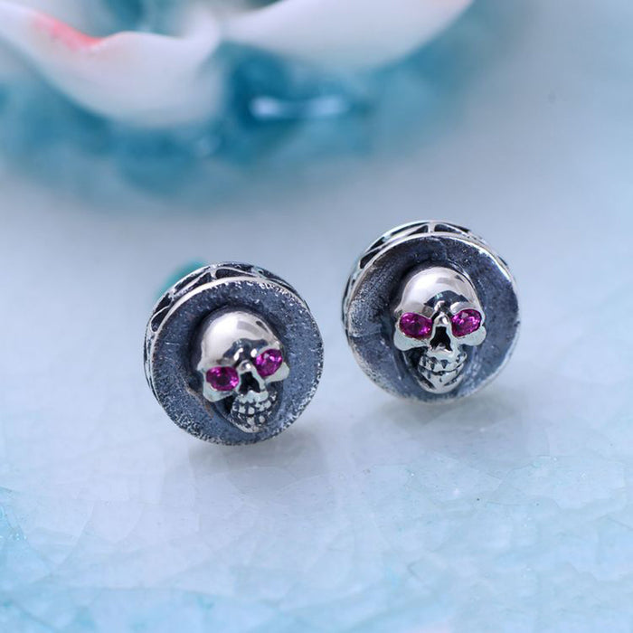 A Pair Real Solid 925 Sterling Silver Earrings Cubic Zirconia Inlay Skull Amulet