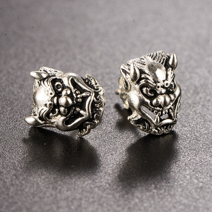 A Pair Real Solid 925 Sterling Silver Earrings Devil Mask Amulet Pierced Fashion