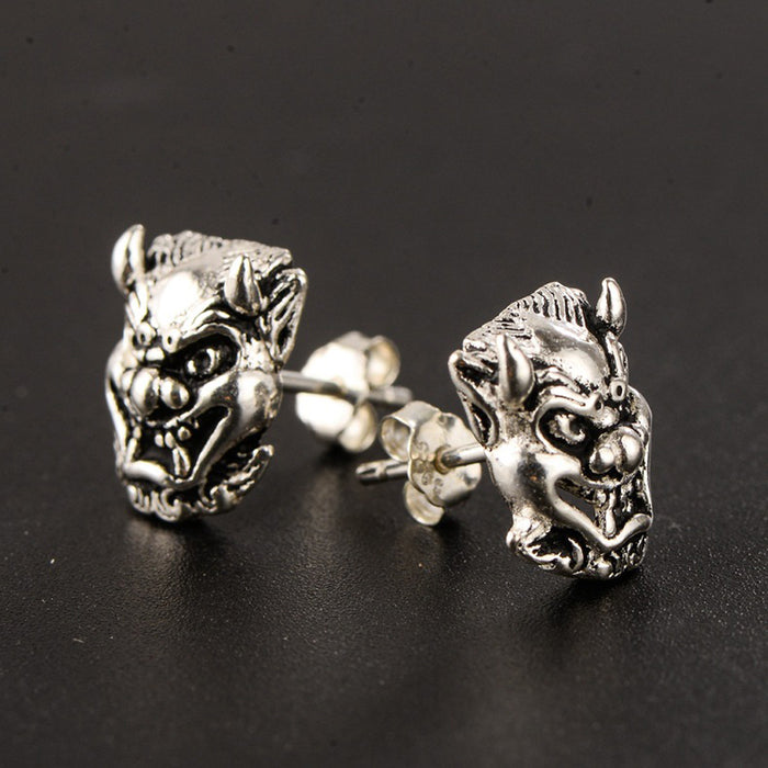 A Pair Real Solid 925 Sterling Silver Earrings Devil Mask Amulet Pierced Fashion