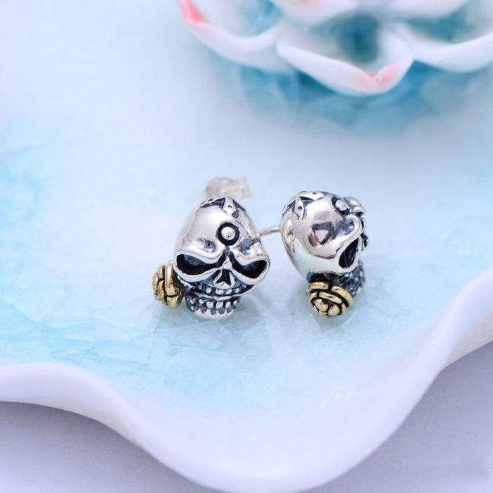 A Pair Real Solid 925 Sterling Silver Earrings Skull Rose Flower Fashion