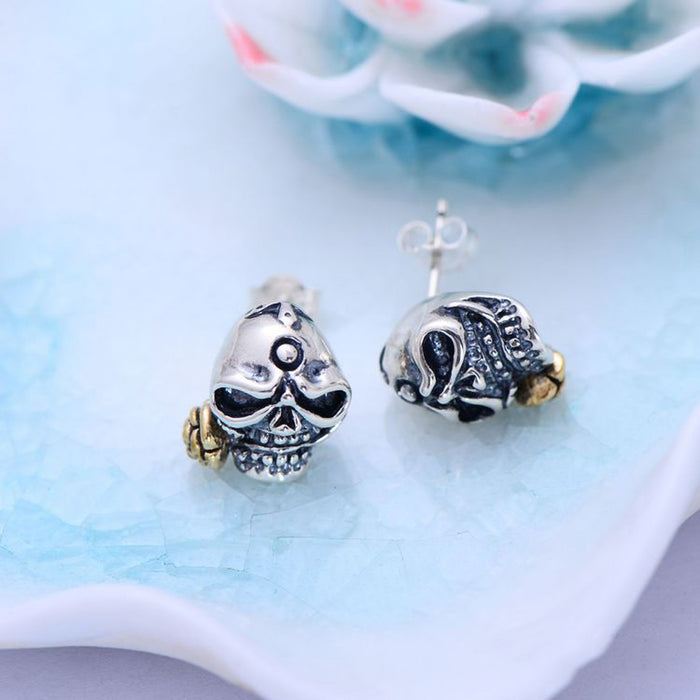A Pair Real Solid 925 Sterling Silver Earrings Skull Rose Flower Fashion