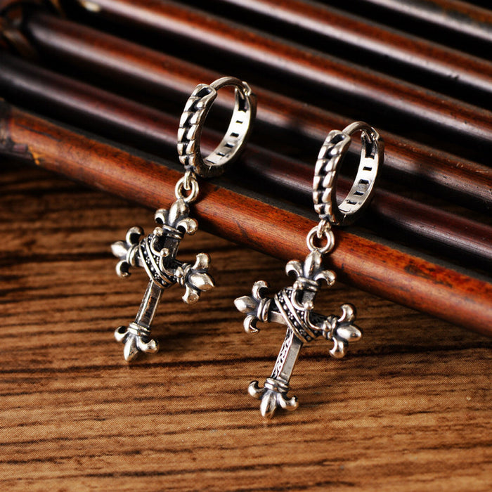 A Pair Real Solid 925 Sterling Silver Earrings Cross Arrow Crown Amulet