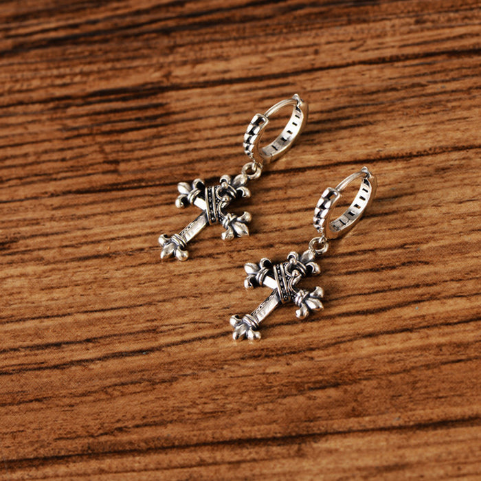 A Pair Real Solid 925 Sterling Silver Earrings Cross Arrow Crown Amulet
